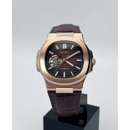 Custom Seiko Mod • Rose Gold Brown Open Heart Nautilus on Leather • 40mm